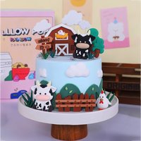 New Farm Cake Topper White Black Cow Cake Topper Farm Cabins Trees Grass Cake Decorations for Kids Happy Birthday Party Supplies