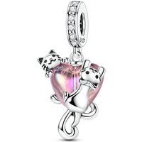 Plated 925 Silver Pink Heart Double Cat Cute Pendant Charms Fit Original 925 Charms Bracelet Beads Jewelry Gifts for Women