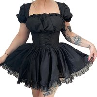 Womenโs Sweet Puff Sleeve A-line Dress Summer Fairycore Lolita Solid Color Bandage Lace Trim Short Dresses for Halloween Party