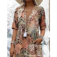 Vintage Midi Dresses For Women 2025 Boho Style Floral Print Loose Long Dress Casual Short Sleeve V-Neck Dress Robe Femme