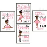 African American Ballerina Christian Children's Nursery Decoration Print with Pink Bible Verse Poster