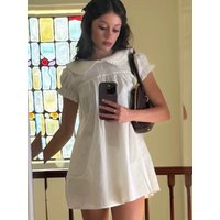 Sweet Style White Puffy Sleeve Doll Collar Loose Women's Dress Summer Short Sleeve Casual Travel Shopping Date School Dress