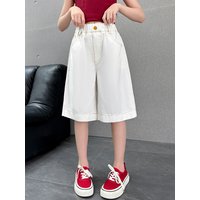 New Summer Children White Denim Shorts for Girls Loose Straight Knee Length Carpis Pants Kids Fashion Causal White Jeans Shorts