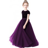Sequin Half Sleeve Girl Maxi Tulle Princess Dress Large Back Bow Kid Formal Gown Wedding Piano Recital Birthday Pageant Costume