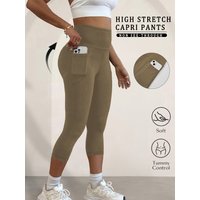 Super Soft Pants for Women High Waisted Capri with Pockets Tummy Control No See Through Running