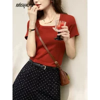MISHOW Short Sleeve T-shirts Women Spring Solid Square-neck Top Elegant Woman Clothes Office Lady Cotton Tees MXC12T0641