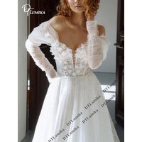 DTLumika 3D Flower Wedding Dress Bridal Gown Tulle Long Sleeves Deep V Neck A Line Customized Church Sparkly Bride Dress Plus