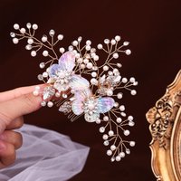 Butterfly Hair Combs Pearl Rhinestone Hairpin Fairy Hair Clips Handmade Floral Side Headdress Hair Accessory for Wedding Party