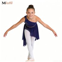 Kids Girls Lyrical Dance Performance Outfit Shiny Rhinestone Ruched Sheer Mesh Overlay One Shoulder Crop Top with Skirted Briefs