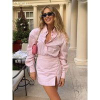 Clacive Fashion Pink Stripe Two Piece Sets Womens Outifits Autumn Sexy Long Sleeve Shirts Matching High Waist Mini Skirt Sets