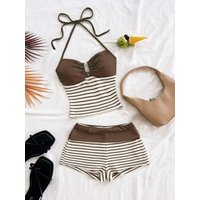 Neckline Striped Halter Top + Short Pants Slimming Waist Sexy Outfit for Women
