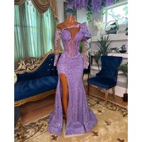 Lilac Long Sleeves Prom Dresses For Black Girls Sequins Crystals Slit African Evening Gowns Birthday Party Robe Customized