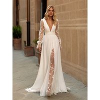 Sexy Wedding Dresses Deep V Neck Long Sleeves Bridal Gowns Backless Appliques A-Line Sweep Train Chiffon