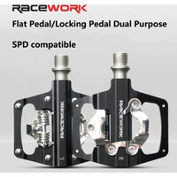 RACEWORK Mountain Bike Pedal Flat Step Lock Step Dual Use Aluminium Alloy Bicycle Pedals For SPD System Cycling Parts