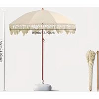 Grand parasol de patio blanc de style bohème, pivotant, réglable en hauteur, avec manivelle, design à franges triangulaires, support portable