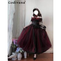 Sweet and Elegant Lolita Dark Red Gothic Veil Lolita Princess Dress Birthday Banquet Adult Dress One-word Shoulder Dresses