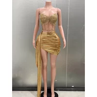 Gold Color Women Sexy 2 Pieces Strapless Bodycon Mini Dress Bar Singer Nightclub Party Celebrate Birthday Dress Wholesale