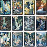 Hokusai Japanese Blue Green Waterfall Landscape Canvas Poster, Frameless Vintage Canvas Wall Art for Living Room & Bedroom Decor