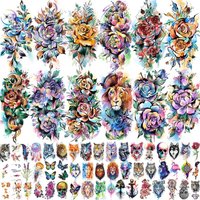 63 Sheets 3D Watercolor Rose Temporary Tattoos For Women Arm Girls Adults, Peony Flower Fake Tattoo Sticker Lion Tiger Tatoos