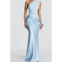 2026 New Light Blue One Shoulder Satin Mermaid Evening Dress for Women, Elegant Folded Formal Party Dress