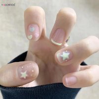 24Pcs Clear Pink Press on Nails with Star Love Heart Designs Short Square French Fake Nails y2k False Nail for Lovely Girls