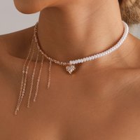 Vintage Cubic Zirconia Crystal Heart Pendant Geometric Crystal Imitation & Pearl Chain Necklace for Women Choker Jewelry N0499