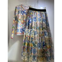 2026 Spring Women's Clothing Retro Geometric Print Knitted Stretch Pullover Two-piece Set + Loose Mesh Skirt Fashion Suit