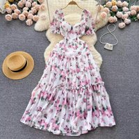 Retro Print Pleated Elegant Square Neck Dress A-line Puff Sleeve Casual High Waist Dress Women Summer