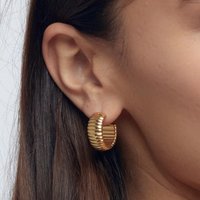 Creative Golden Color Metal Ribbed Chunky Hoop Earrings for Women Texture C Shape Statement Earring Stainless Steel Jewelry