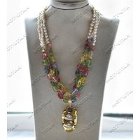 Z12803 3row 18" White Baroque Pearl Multicolor Tourmaline Pendant Necklace