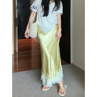 Beiyingni Elegant Long Skirts for Women 2025 Summer High Waist Lace Satin Trumpet Skirt Woman Luxury Slim Korean Fashion Skirts