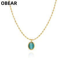 18K Gold Plated Stainless Steel Oval Cat's Eye Stone Pendant Necklace Rice Bead Chain Dainty Choker Necklaces For Women