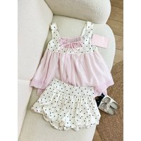 Korean Style Sweet Elegant Two Piece Set Casual Female Outfit Cute Polka Dot Tops + Vintage Shorts Chic Daily Wear Clothes 2026
