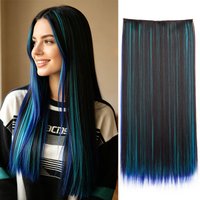 24Inch Synthetic 5 Clips Long Straight Highlight Clip In Hair Extensions Heat Resistant Ombre Hairpiece for Women Daily Use