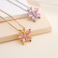 Cute Charm Pink Crystal Butterfly Pendant Necklace Stainless Steel Do Not Fade Collar Chain for Women Charm Jewelry Accessories