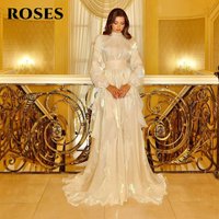 ROSES White Prom Dress High Collar Regular Sleeve Ruched Evening Dresses with Pleats Satin and A-Line Formal Dresses Customized