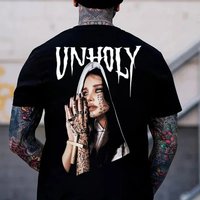 UNHOLY Tattooed Nun With Cross Necklace Graphic Black Print T-Shirt Gothic Sweatshirt Hoodie Y2K Summer Oversized Man