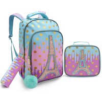 3-teiliges Set 17-Zoll-Rucksack für Mädchen, niedliche Büchertasche im Cartoon-Turm-Buchstaben-Design mit Lunchbox und Stifttasche, im Dunkeln leuchte