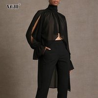 VGH Solid Beach Style Casual Blouse For Women Turtleneck Long Sleeve Summer Design Sense Loose Folds Fresh Shirts Female Fashion