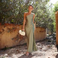 Womens Green One Shoulder Sleeveless Satin High Split Maxi Dress Elegant Bridesmaid Wedding Guest Formal Party Gown