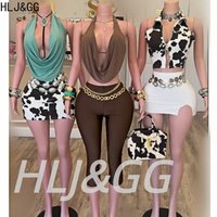 HLJ&GG Fashion Cow Print Denim Mini Skirts Two Piece Sets Women Zipper Sleeveless Slim Crop Top And Skirts Outfits Streetwear