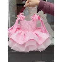 Lovely Pink Flower Girls Dresses For Wedding Sleeveless Bow Sequins Puffy Kids Birthday Party First Communion Gown Custom