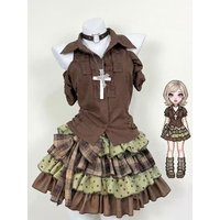 Women Y2K Vintage Two-Piece Outfit Brown Cold Shoulder Blouse + Tiered Ruffle Plaid Polka Dot Mini Skirt Casual Streetwear Set