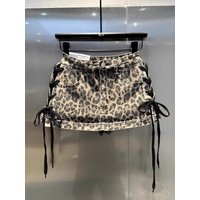 Leopard Print Denim Skort Women Vintage High Street Lace Up Bodycon Mini Skirt Y2K Summer Casual Skirts with Built-in Shorts