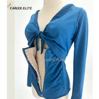 Women's Blue Long-Sleeve Tummy Control Shapewear Bodysuit - Front Tie Cutout Slimming Body Shaper with Hook-and-Eye Closure