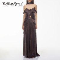 TWOTWINSTYLE Patchwork Metal Buckle Dresses for Women Strapless Off Shoulder High Waist Elegant A Line Dress Female Fashion 2026