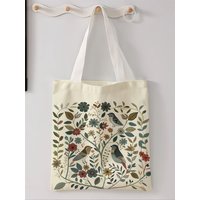 Bird and flower pattern printed casual handbag, reusable fashionable backpack, multifunctional handbag, canvas shopping bag