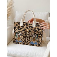 Leopard Print Tiger Floral Crown Corduroy Tote Bag Large Capacity Multi Pocket Commuter Shoulder Bag