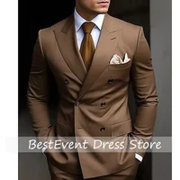 High Quality Brown Double Breasted Bespoke Double Breasted Peaked Lapel Formal Blazer Slim Fit 2 Piece Jacket Pants Customized
