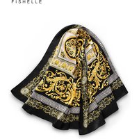 Exquisite patterns black&golden smooth 100% natural silk scarf head band luxury gift women wrap bandana hijab shawl 90cm